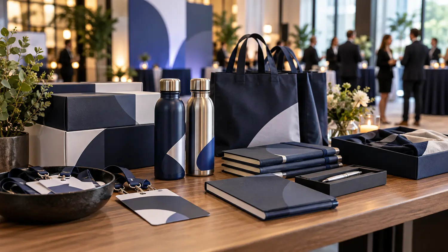 Imagem conceitual de brindes corporativos e materiais de evento