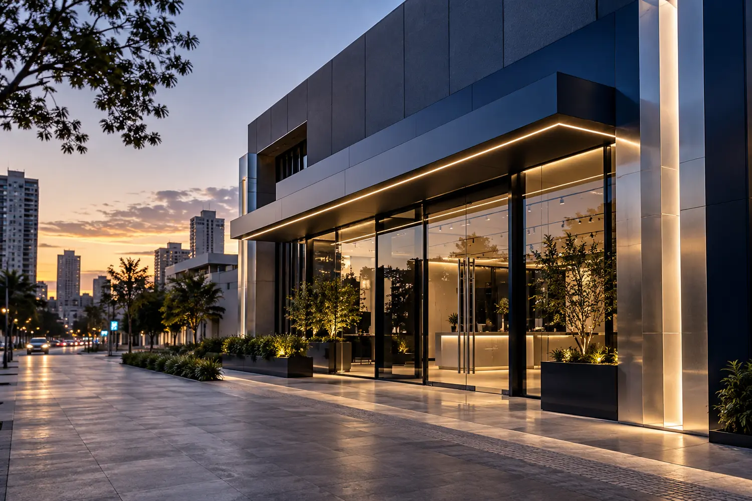 Imagem conceitual de fachada comercial contemporânea com iluminação arquitetural